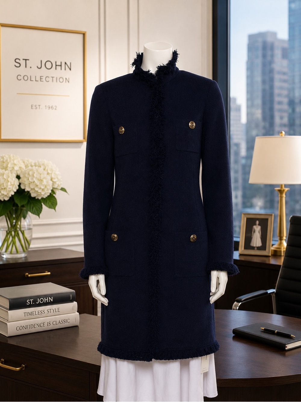 St. John Collection Blue Fringe Trim Long Cardigan / Jacket – Size M (US 6) - Picture 6 of 6